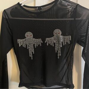 Black Sheer Top with Rhinestone Design